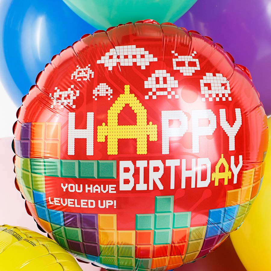 Фольгированный шар с днём рождения, пиксели, красный